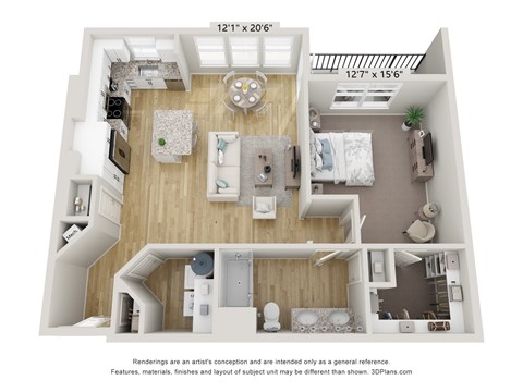 Floor plan for 1 bed, 1 bath, 887 sqft